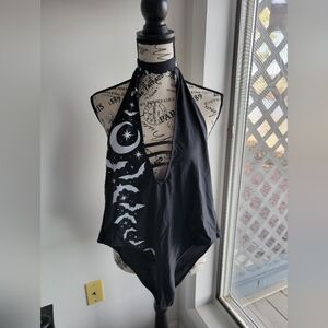 Too Fast Black One-Piece Plunge Halter Swimsuit with White Moon & Bat Print